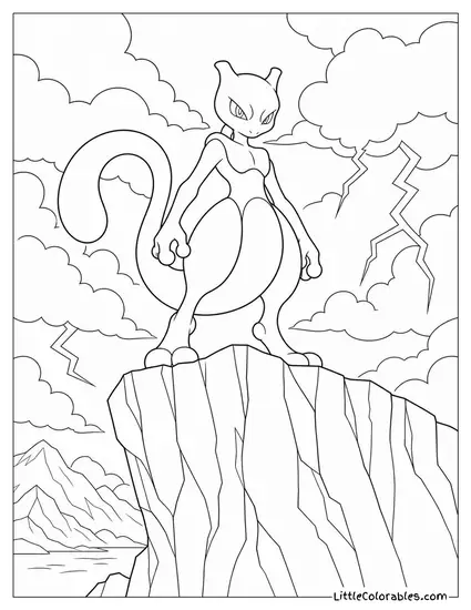 Mewtwo Staring Down from a Cliff with a Storm Gathering Behind It Coloring Page
