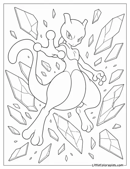 Mewtwo Surrounded by Shattered Glass Frozen Mid-Air Coloring Page