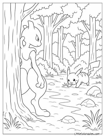 Mewtwo Watching Pikachu from a Distance in a Dark Forest Coloring Page