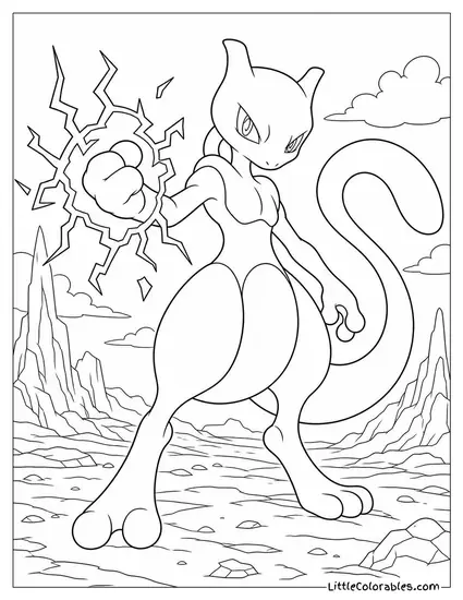 Mewtwo with Energy Crackling Around Its Clenched Fist Coloring Page