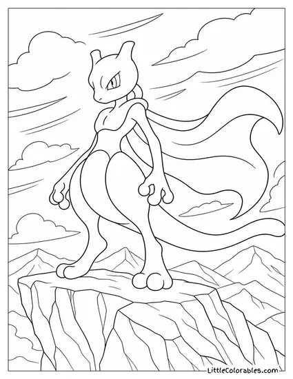 Mewtwo with Its Cape-Like Tail Flowing in a Powerful Wind Coloring Page