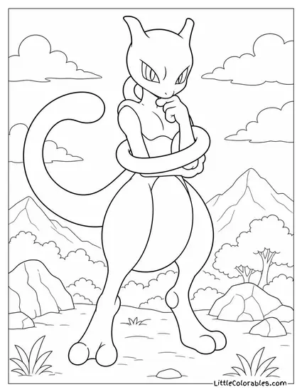 Mewtwo with Its Tail Wrapped Thoughtfully Around Its Own Arm Coloring Page