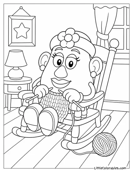 Mrs Potato Head Knitting in a Rocking Chair Toy Story Coloring Page