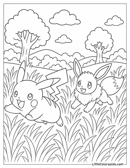 Pikachu and Eevee Chasing Each Other Through Tall Grass Coloring Page