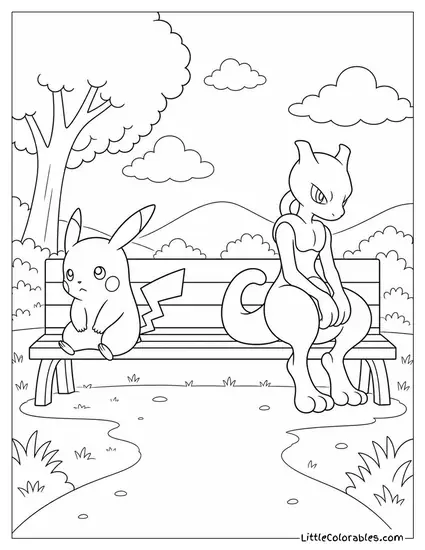 Pikachu and Mewtwo Sitting on Opposite Ends of a Bench in Silence Coloring Page