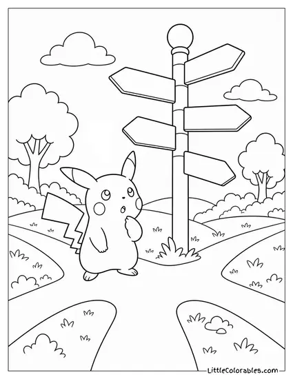 Pikachu at a Crossroads with Five Conflicting Signs All Pointing Different Ways Coloring Page