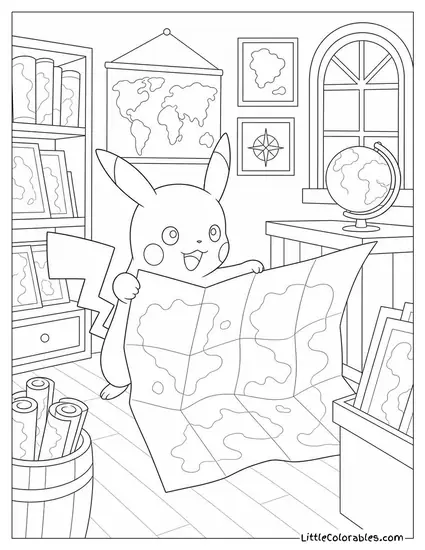 Pikachu at a Map Shop Trying to Unfold a Very Large Map Coloring Page