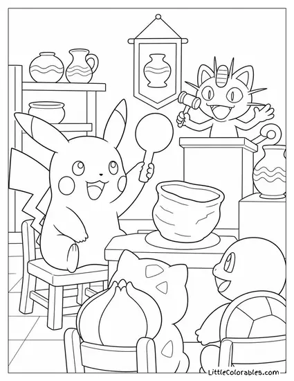 Pikachu at a Pottery Auction Bidding on a Lopsided Bowl It Made Coloring Page