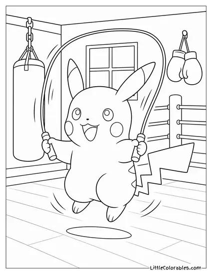 Pikachu at a Tiny Boxing Gym Skipping Rope Incredibly Fast Coloring Page