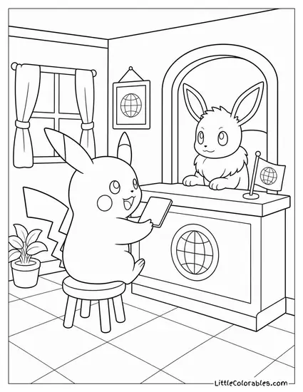 Pikachu at a Tiny Embassy Applying for a Passport Coloring Page