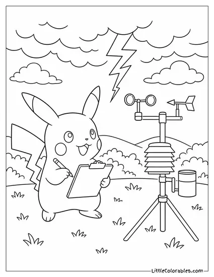 Pikachu at a Weather Station Recording a Lightning Bolt with a Clipboard Coloring Page