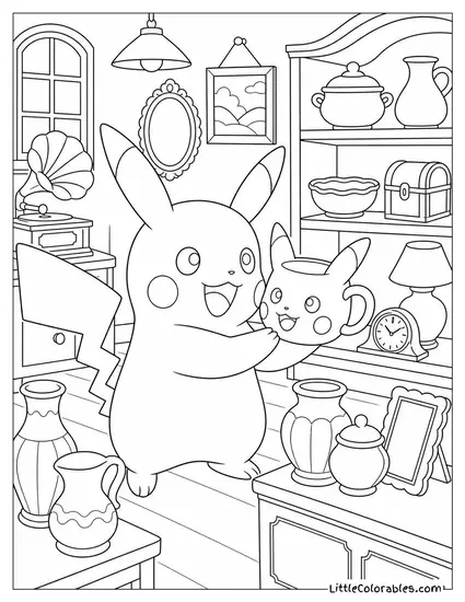 Pikachu at an Antique Shop Finding a Mug Shaped Exactly Like Itself Coloring Page
