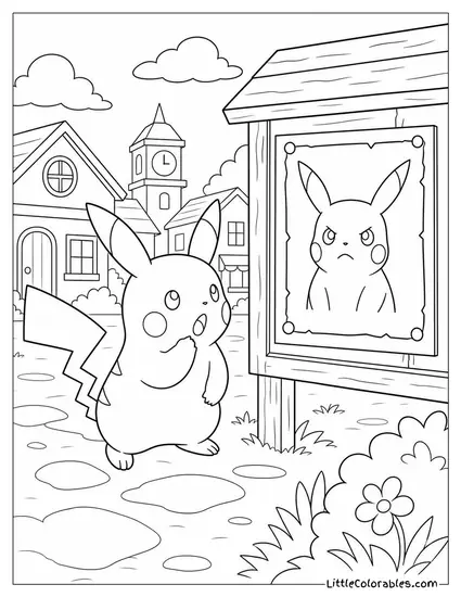 Pikachu Discovering its Own Wanted Poster on a Town Noticeboard Coloring Page