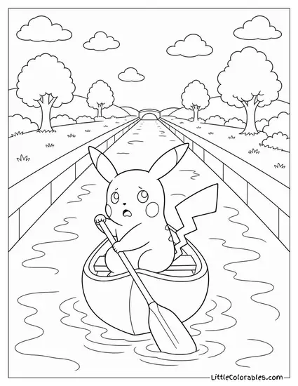 Pikachu in a Canoe Going the Wrong Direction Down a Very Long Canal Coloring Page