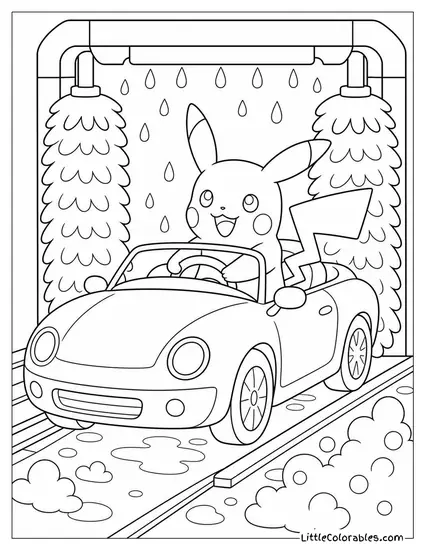 Pikachu in a Convertible Driving Through a Car Wash Coloring Page