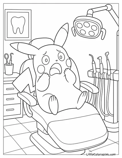 Pikachu in a Dentist Chair Looking Absolutely Terrified Coloring Page