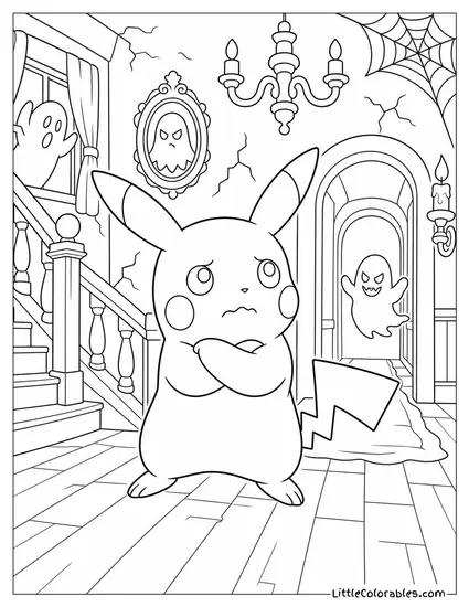 Pikachu in a Haunted House Too Scared to Go Further But Too Proud to Leave Coloring Page