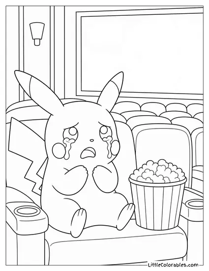 Pikachu in a Movie Theater Crying and Eating Popcorn Coloring Page