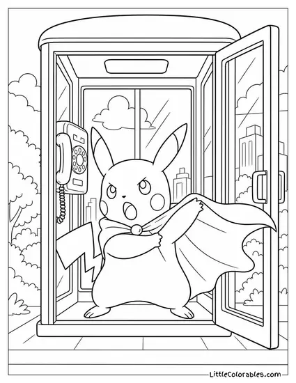 Pikachu in a Phone Booth Changing into a Cape Very Dramatically Coloring Page