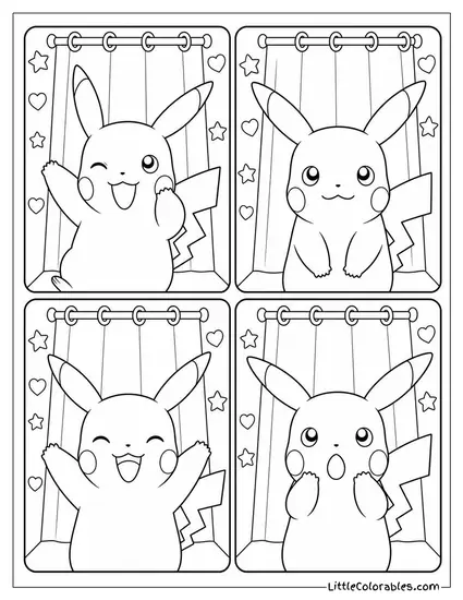 Pikachu in a Photo Booth with All Four Shots Showing Different Faces Coloring Page