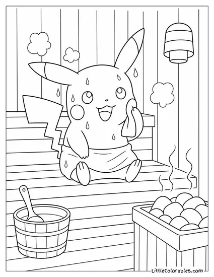 Pikachu in a Sauna Wrapped in a Tiny Towel Sweating Coloring Page