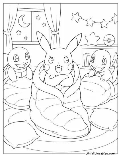 Pikachu in a Sleeping Bag at a Sleepover Refusing to Sleep Coloring Page