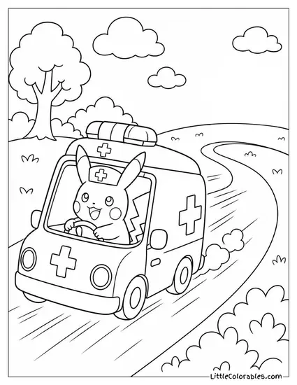 Pikachu in a Tiny Ambulance Driving Very Fast Coloring Page