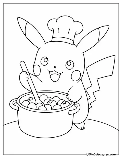 Pikachu in a Tiny Chef Hat Stirring a Pot of Berries Coloring Page