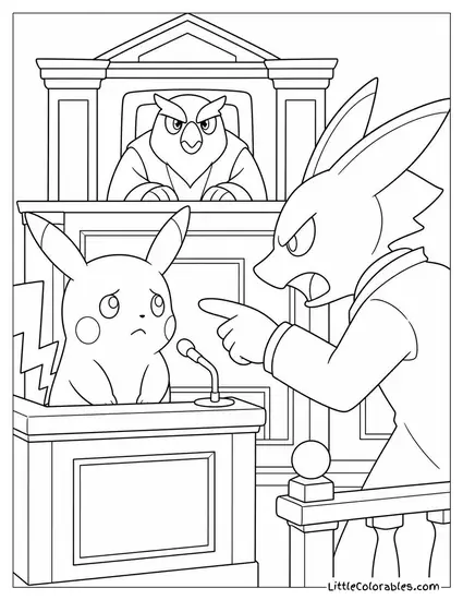 Pikachu in a Tiny Courtroom Being Cross Examined Very Intensely Coloring Page