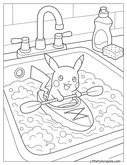 Pikachu in a Tiny Kayak Navigating a Massive Kitchen Sink Coloring Page