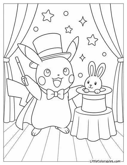 Pikachu in a Top Hat Performing a Magic Trick Coloring Page