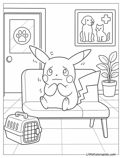 Pikachu in a Waiting Area at a Vet Clinic Sitting Very Nervously Coloring Page