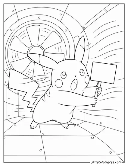 Pikachu in a Wind Tunnel Trying to Hold Up a Tiny Sign Coloring Page