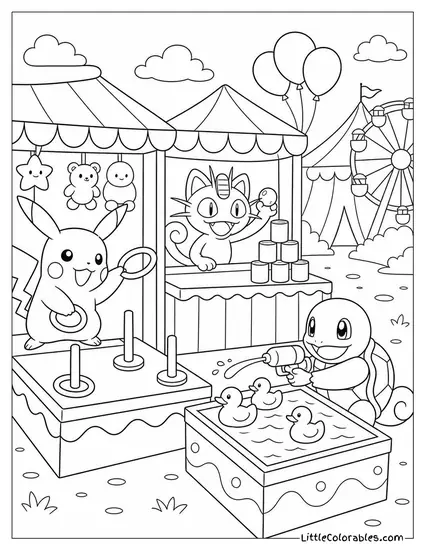 Pikachu Meowth and Squirtle at a Carnival Each Playing a Different Game Coloring Page