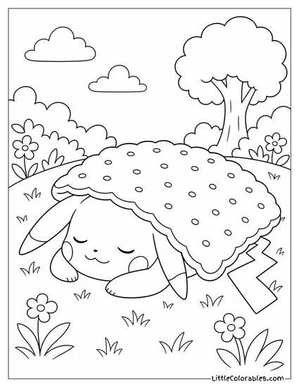 Pikachu Napping Under a Giant Biscuit Like a Blanket Coloring Page