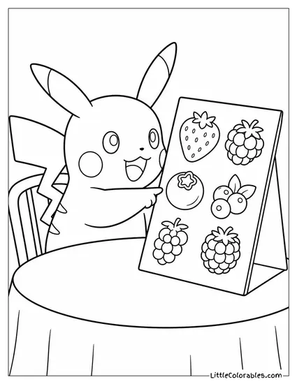 Pikachu Ordering from a Menu at a Restaurant Written Entirely in Berries Coloring Page