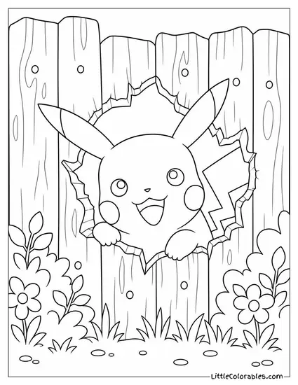 Pikachu Peeking Through a Hole in a Wooden Fence Coloring Page