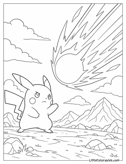 Pikachu Standing its Ground as a Massive Attack Hurtles Toward It Coloring Page