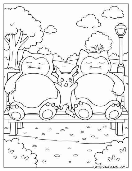 Pikachu Stuck Between Two Very Fat Snorlax on a Park Bench Coloring Page