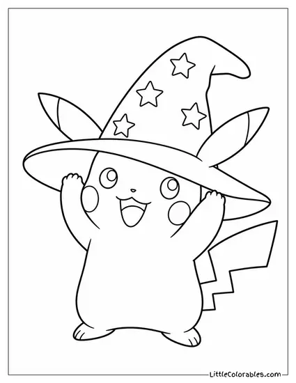 Pikachu Trying On an Oversized Wizard Hat Coloring Page