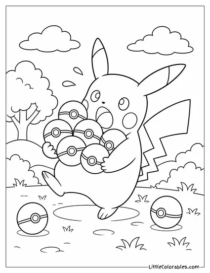 Pikachu Trying to Carry Too Many Pokeballs at Once Coloring Page