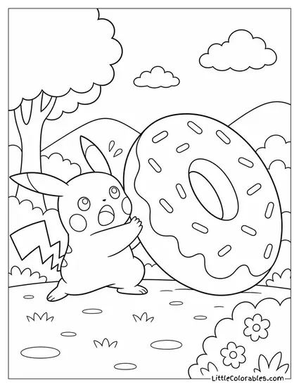 Pikachu Trying to Lift a Donut Bigger Than its Body Coloring Page