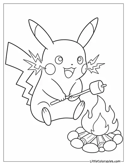 Pikachu with its Cheeks Sparking Trying to Toast a Marshmallow Perfectly Coloring Page