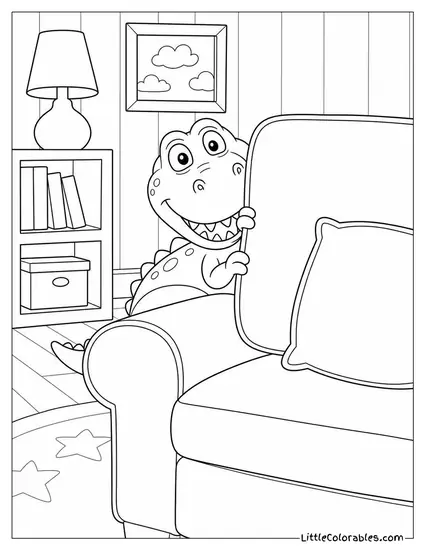 Rex Hiding Behind a Couch Cushion During Hide and Seek Toy Story Coloring Page