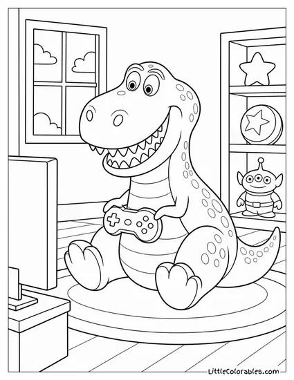 Rex Playing a Video Game with Tiny Arms Toy Story Coloring Page