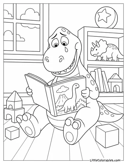 Rex Reading a Dinosaur Book and Being Very Moved Toy Story Coloring Page