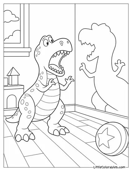 Rex Roaring at His Own Shadow and Scaring Himself Toy Story Coloring Page