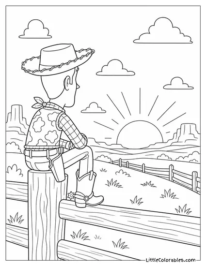 Sitting on a Fence Post Woody Watching the Sunset Coloring Page