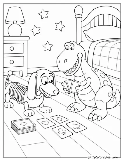 Slinky and Rex Playing Cards on Andys Room Floor Toy Story Coloring Page