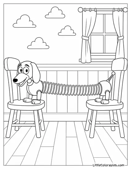 Slinky Stretched to His Limit Between Two Chairs Toy Story Coloring Page